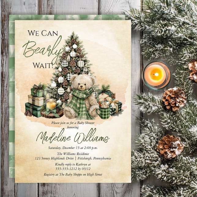 Convites Festa do Ursinho de Pelúcia que Mal Podemos Espera (Teddy Bear "Bearly Wait" Green Neutral Christmas Holiday Baby Shower Invitation -- Print | Digital)