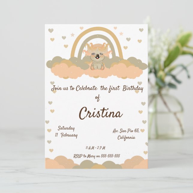 Convites Festa do Urso Koala Arco-íris da Nuvem Mágica (Em pé/Frente)