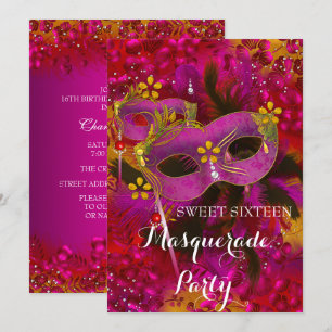 Convites Festa Doce 16 Anos Máscara Floral Dourado Rosa