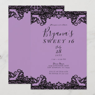 Convites Festa Doce 16 com Lavanda Roxa e Laço Preto