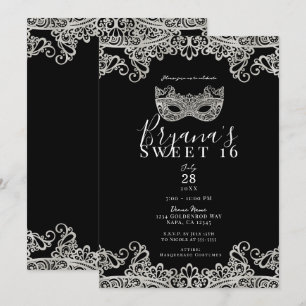 Convites Festa Doce 16 de Renda Preta e Prata com Máscara