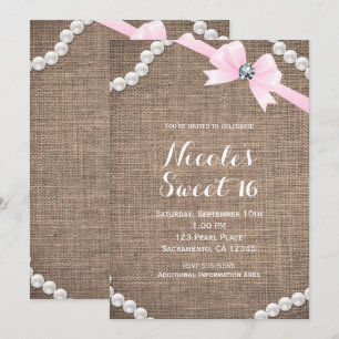 Convites Festa Doce 16 Glamour Rosa Laço Burlap & Pearls
