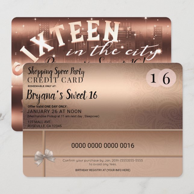 Convites Festa Doce 16 Limusine Cidade Compras Rose Gold (Frente/Verso)