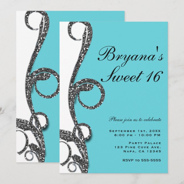 Convites Festa Doce 16 Redemoinho Brilho Prata Branco Turqu (Frente/Verso)