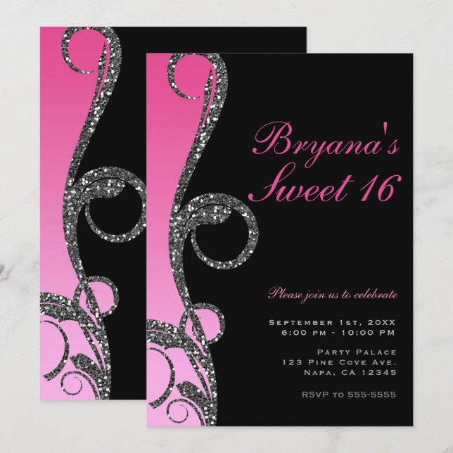 Convites Festa Doce 16 Redemoinho Brilho Prata Preto Rosa (Frente/Verso)
