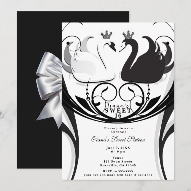 Convites Festa Doce Princesa Cisne Elegante Preto e Branco  (Frente/Verso)