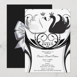 Convites Festa Doce Princesa Cisne Elegante Preto e Branco 