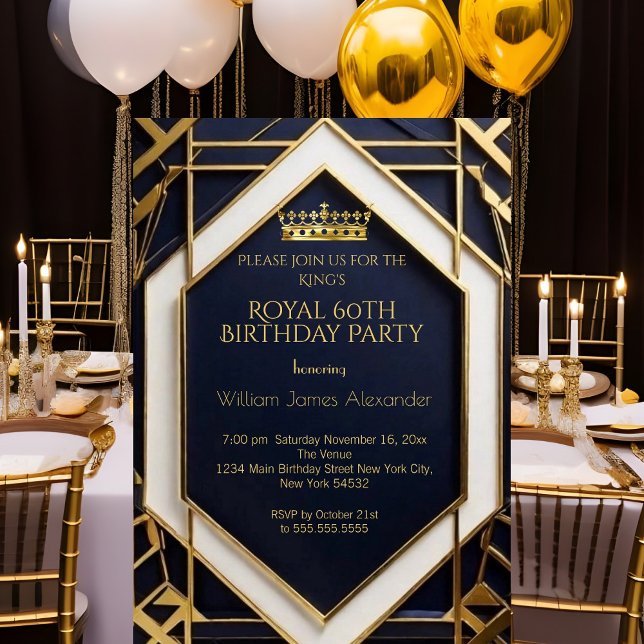 Convites Festa dos 60 anos do Rei Coroa Dourado Azul Marinh (Criador carregado)