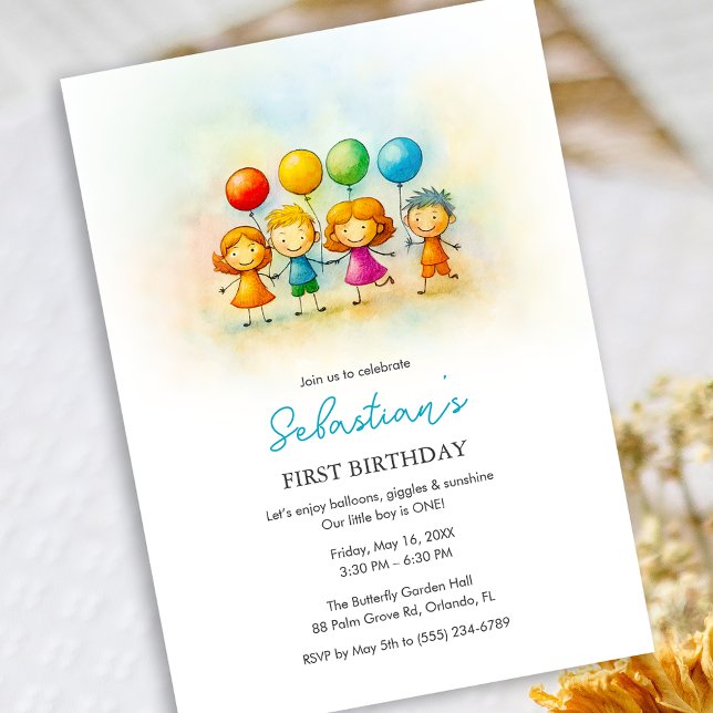 Convites Festa dos Amiguinhos de Balão – Diversão no 1º Ani (Balloon Buddies Bash – Fun 1st Birthday for boy Invitation)