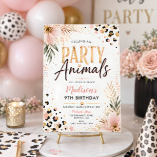 Convites Festa dos Animais Meninas Florais Rosa Aniversário