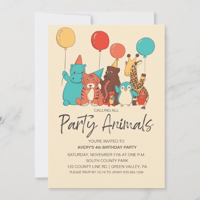 Convites Festa dos Animais Tigre, Pinguim, Hipopótamo Anive (Frente)