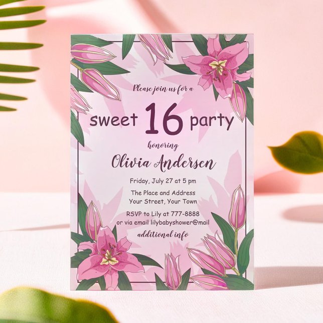 Convites Festa dos Dezesseis Leilões Rosa Bons (Pink Blooming Lilies Sweet Sixteen Party Invitation)