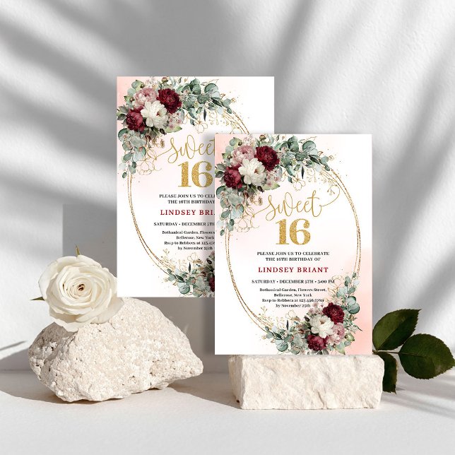 Convites Festa dos Doze Anos com Peônias Vermelhas Profunda (Trendy Boho Deep Red Peonies Sweet Sixteen Party Invite)