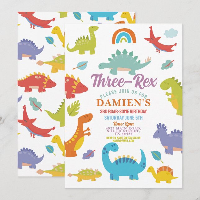 Convites Festa dos Três Meninos Rex Dinossauro Fofos  (Frente/Verso)