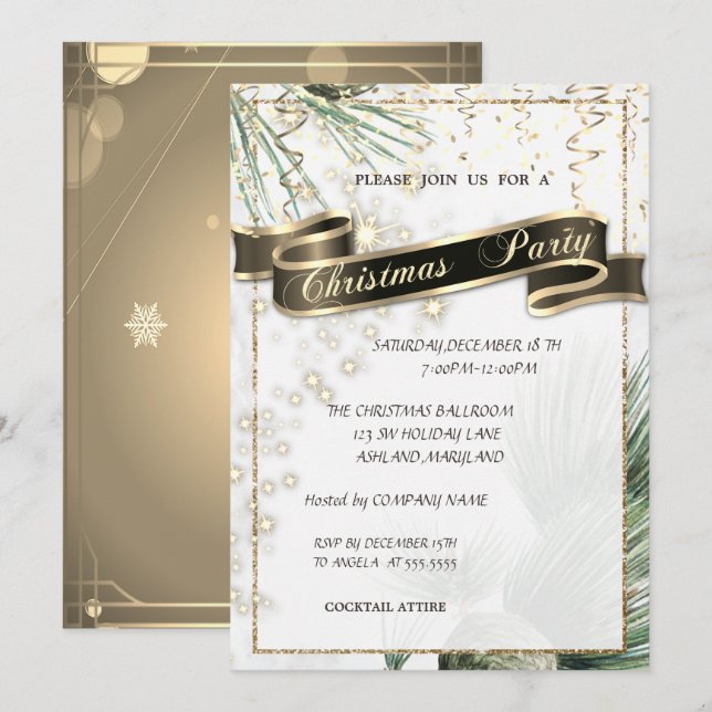 Convites Festa Dourada da Companhia de Natal Pine Tree (Frente/Verso)