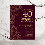 Convites Festa Dourada de aniversário de 40 anos da Surpres<br><div class="desc">Convite de festas Dourado de Surpresa Floral Burgundy. Design de marrom moderno minimalista com sotaque botânico e letra de escrita tipográfica. Simples cartão de convite floral perfeito para uma festa surpresa na moda. Pode ser personalizado para qualquer idade.</div>