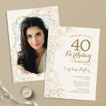 Convites Festa Dourada de aniversário de 40 anos de Fotos F<br><div class="desc">Convite de festas de Foto Dourada de Ivory Cream Floral. Design minimalista moderno com desenhos botânicos em destaque e letra de script de tipografia. Simples trendy convida cartão perfeito para uma festa de na moda. Pode ser personalizado para qualquer idade. Impressos convites Zazzle ou modelo de impressão digital instantânea para...</div>