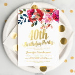 Convites Festa Dourada de aniversário de 40 anos Floral Bra<br><div class="desc">Convites de festas de aniversários elegantes do quadragésimo apresentando um fundo branco clássico,  um display floral de aquarela,  um título tipográfico de folha de ouro na moda faux e um modelo de celebração de aniversário moderno.</div>