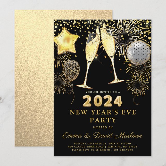 Convites Festa Dourada de Ano Novo, 2024, em preto (Frente/Verso)