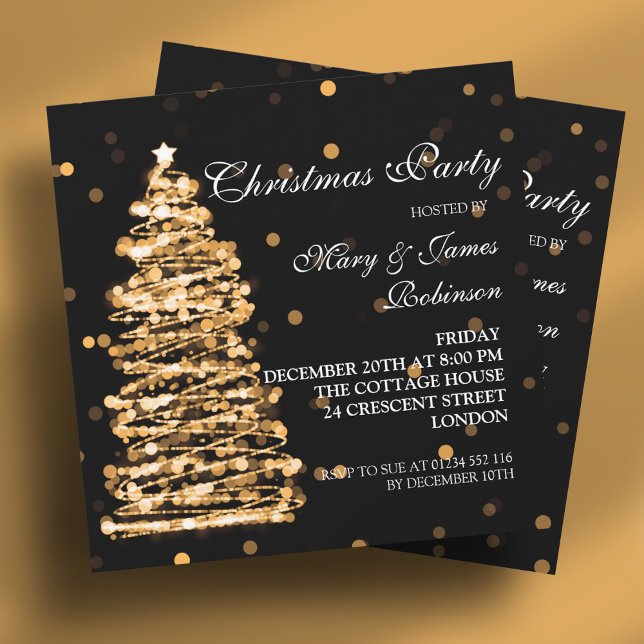 Convites Festa Dourada de Árvore de Boque de Natal Elegante (Elegant Christmas Bokeh Tree Party Gold Black Invitation)