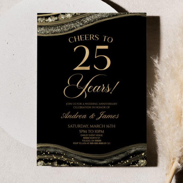 Convites Festa Dourada de Casamento com 25 de Agate Negra (Criador carregado)