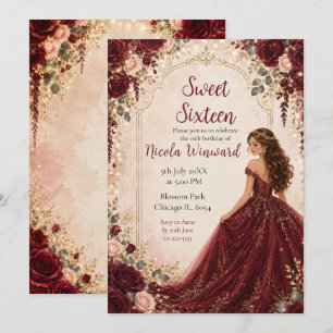 Convites Festa Dourada de Doze Anos Rosas Vermelhas Borgonh