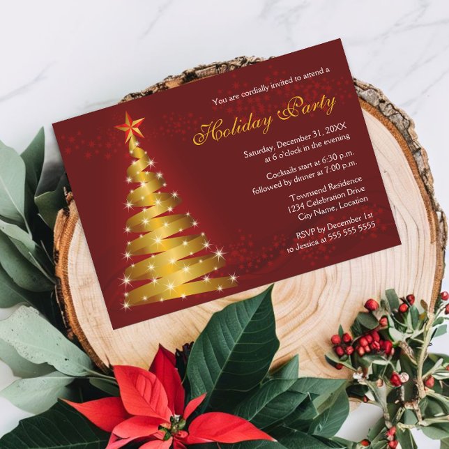 Convites Festa Dourada de Férias da Árvore de Natal da Faix (Modern gold ribbon Christmas tree holiday party invitation)