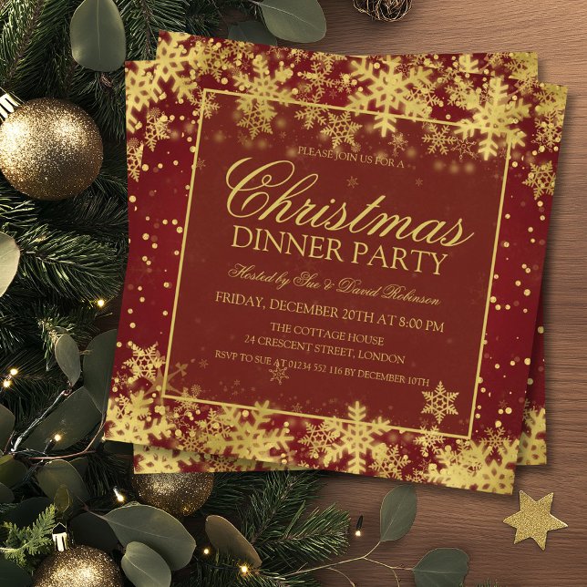 Convites Festa Dourada de Natal Elegante (Elegant Red Gold Christmas Dinner Party Invitation)