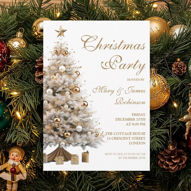 Convites Festa Dourada de Natal Elegante (Elegant Gold Christmas Tree Holiday Party Invitation)