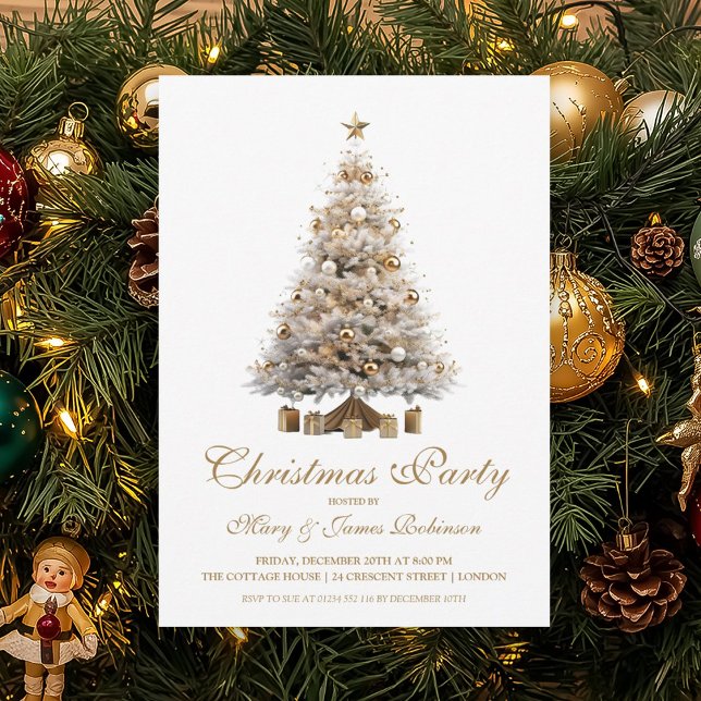 Convites Festa Dourada de Natal Elegante (Elegant Gold Christmas Tree Holiday Party Invitation)