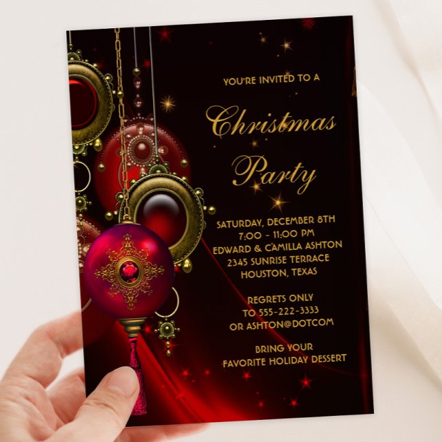 Convites Festa Dourada de Natal Elegante (Beautiful red gold ornaments Christmas party invitation. Available for instant download and print.)