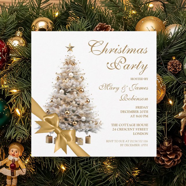 Convites Festa Dourada de Natal Elegante e Férias de Arco (Elegant Gold Christmas Tree & Bow Holiday Party Invitation)