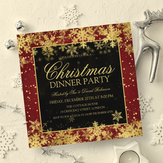 Convites Festa Dourada de Natal Elegante Inverno (Elegant Red Gold Christmas Dinner Party Winter Invitation)