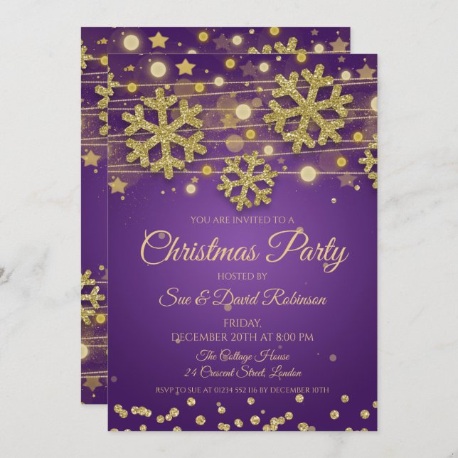 Convites Festa Dourada de Natal Roxo com Glitter (Frente/Verso)
