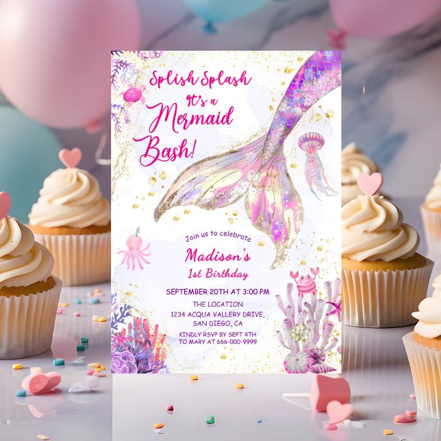 Convites Festa Dourada de primeiro aniversario Púrpura Rosa (Gold Mermaid Tale pink purple 1st Birthday Girl Party Invitation)