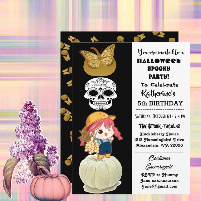 Convites Festa Dourada de Pumpkins no Dia das Bruxas (Spooky Halloween Birthday Girl Gold Pumpkins Party Invitation)