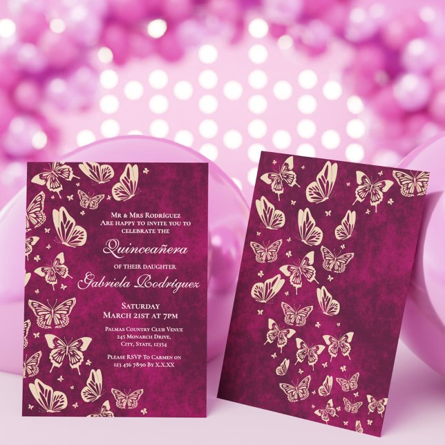 Convites Festa Dourada de Quinceañera Moderna Butterfly (Modern Butterfly Pink Gold Quinceañera 15th Party Invitation)