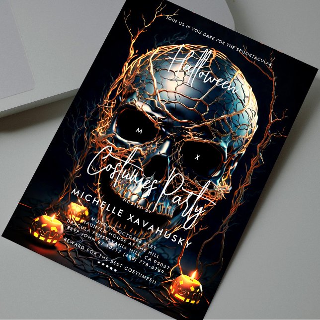 Convites Festa Dourada do Dia das Bruxas de Adultos Moderno (Modern Adult Halloween Party Black Gold Skull Invitation
)