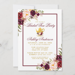 Convites Festa Dourada do Tea Party Chá de panela Burgundy 