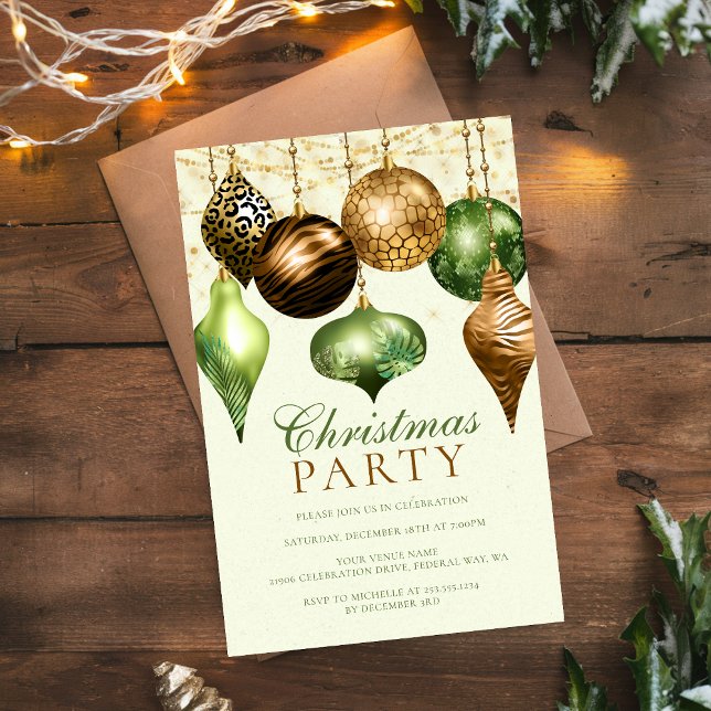 Convites Festa Dourada Elegante Safari de Natal (Elegant Safari Gold Ornament Christmas Party Invitation)