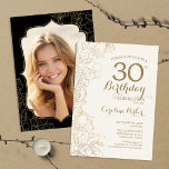 Convites Festa Dourada Floral de aniversário de 30 anos de<br><div class="desc">Convite de festas de Foto Dourada Floral Preta. Design minimalista moderno com desenhos botânicos em destaque e letra de script de tipografia. Simples trendy convida cartão perfeito para uma festa de na moda. Pode ser personalizado para qualquer idade. Impressos convites Zazzle ou modelo de impressão digital instantânea para download.</div>