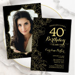 Convites Festa Dourada Floral de aniversário de 40 anos Pre<br><div class="desc">Convite de festas floral de ouro preto com sua foto na parte traseira da placa. Design minimalista moderno com desenhos botânicos em destaque, folha de ouro falsa e letra de script de tipografia. Simples trendy convida cartão perfeito para uma festa de na moda. Pode ser personalizado para qualquer idade. Impressos...</div>