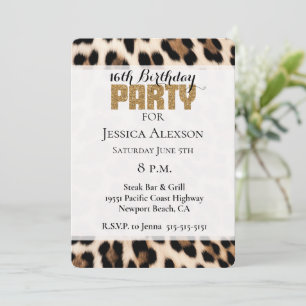 Convites Festa Dourada Glitter de Leopardo Negro Creme