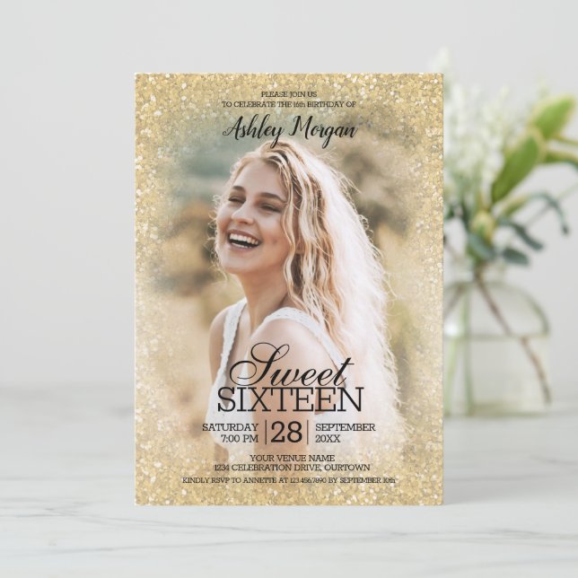 Convites Festa Dourada Glitter Photo Template Sweet 16 (Em pé/Frente)