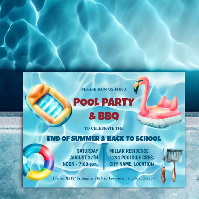 Convites Festa e CHURRASCO de Piscina de Verão (Pool party and BBQ invitation for end of summer or back to school celebration with family / friends.)