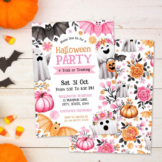 Convites Festa e truque do Halloween para fantasmas bonitos (Cute Ghosts Halloween Party & Trick or Treating Invitation)