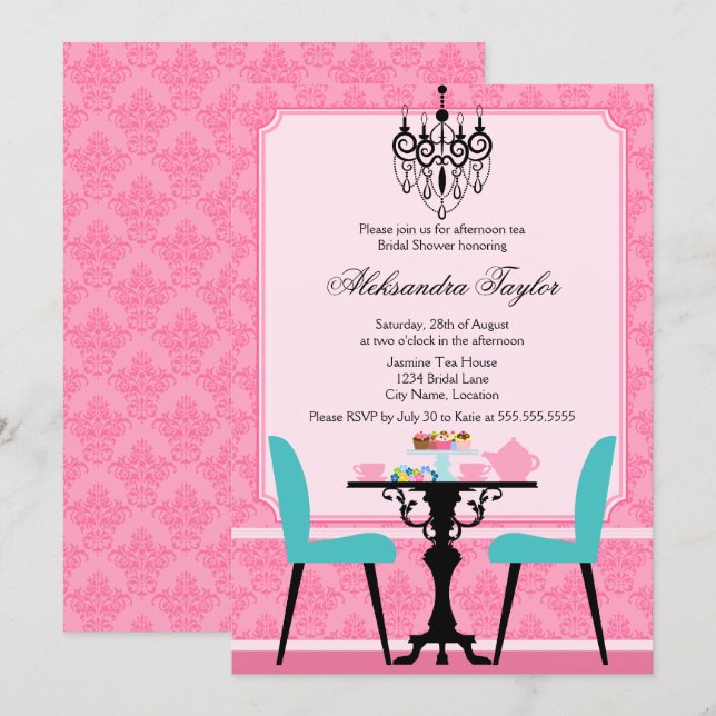 Convites Festa Elegante Damask e Chandelier Tea (Frente/Verso)