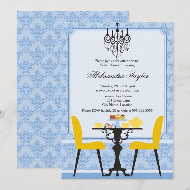 Convites Festa Elegante Damask e Chandelier Tea (Frente/Verso)