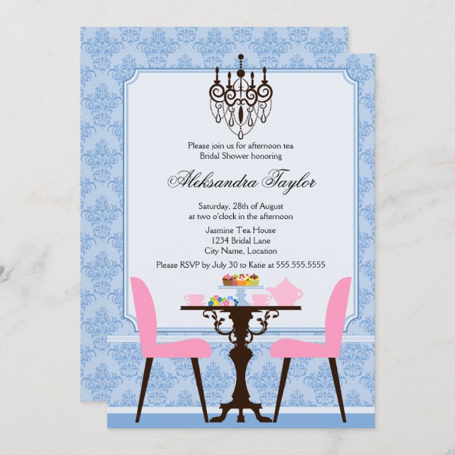 Convites Festa Elegante Damask e Chandelier Tea (Frente/Verso)