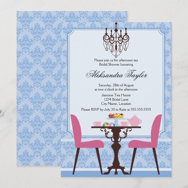 Convites Festa Elegante Damask e Chandelier Tea (Frente/Verso)